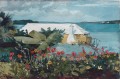 Blumen Garten und Bungalow Winslow Homer Realismus Marinemaler